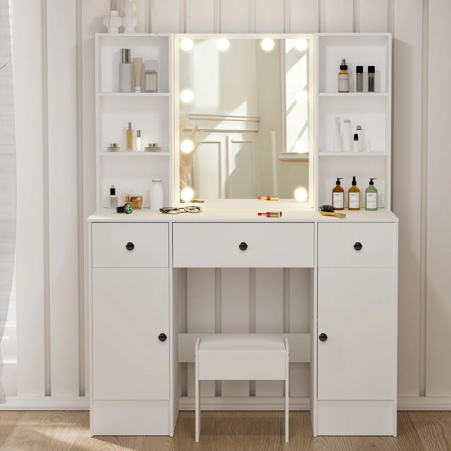 Sminkbord med LED-spegel, 3 lådor och förvaringsskåp – Yamissi/Onesaimei