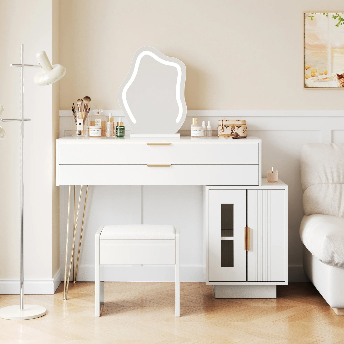 Sminkbord med LED-spegel – Modern Vit Design med Utdragbar Funktion