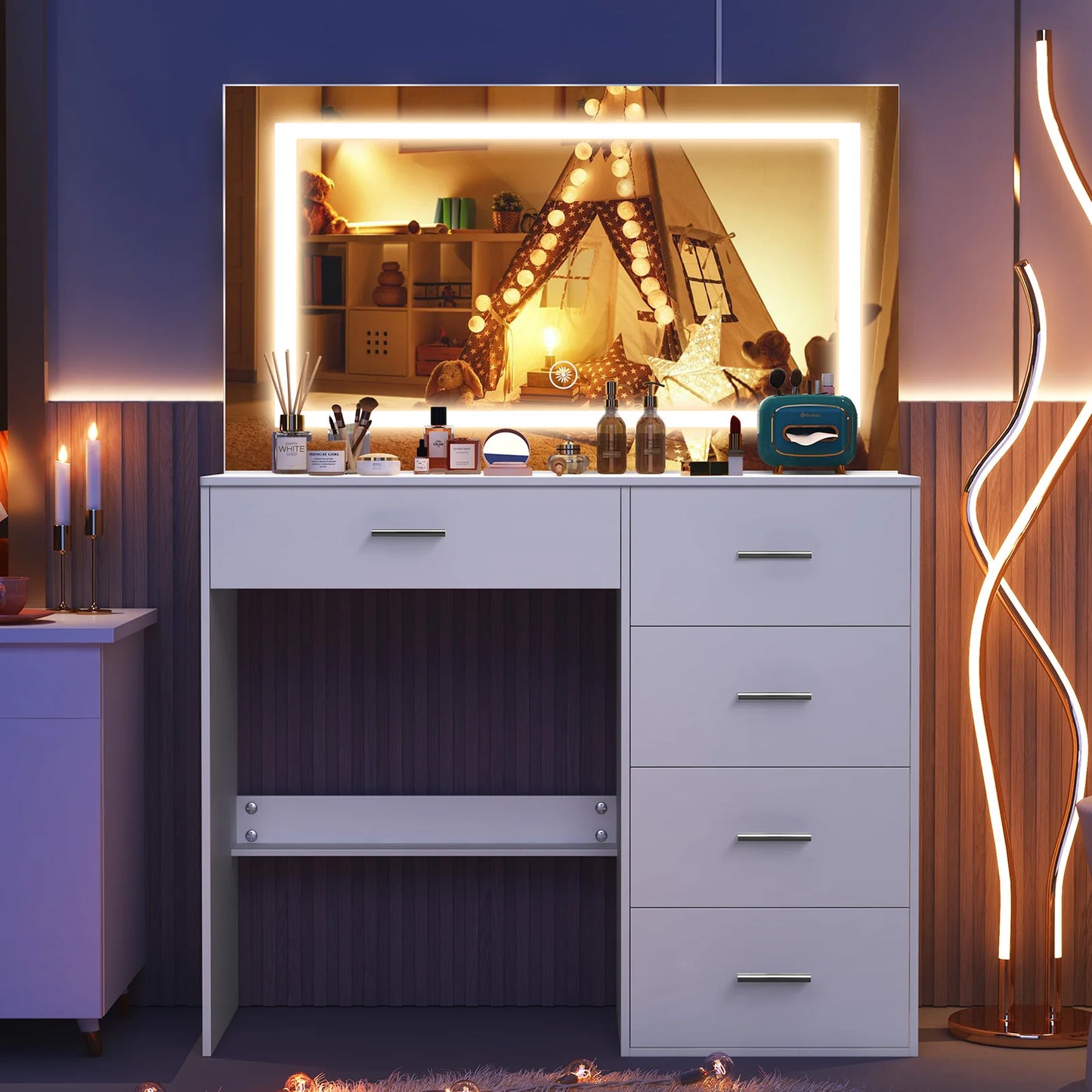 Sminkbord med LED-lampor, spegel och lådor – Vit