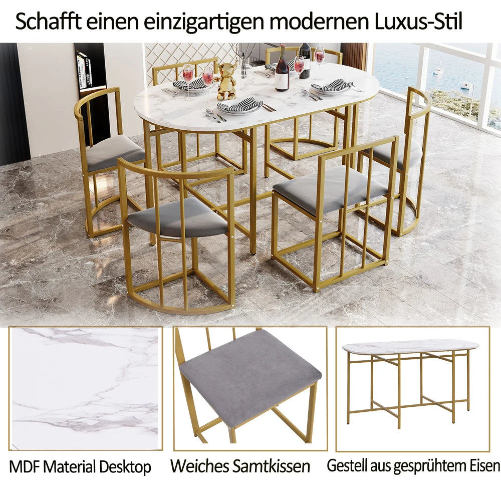 Lyxig Matgrupp med 6 Stolar – Vit Bordsskiva & Guldfärgad Ram