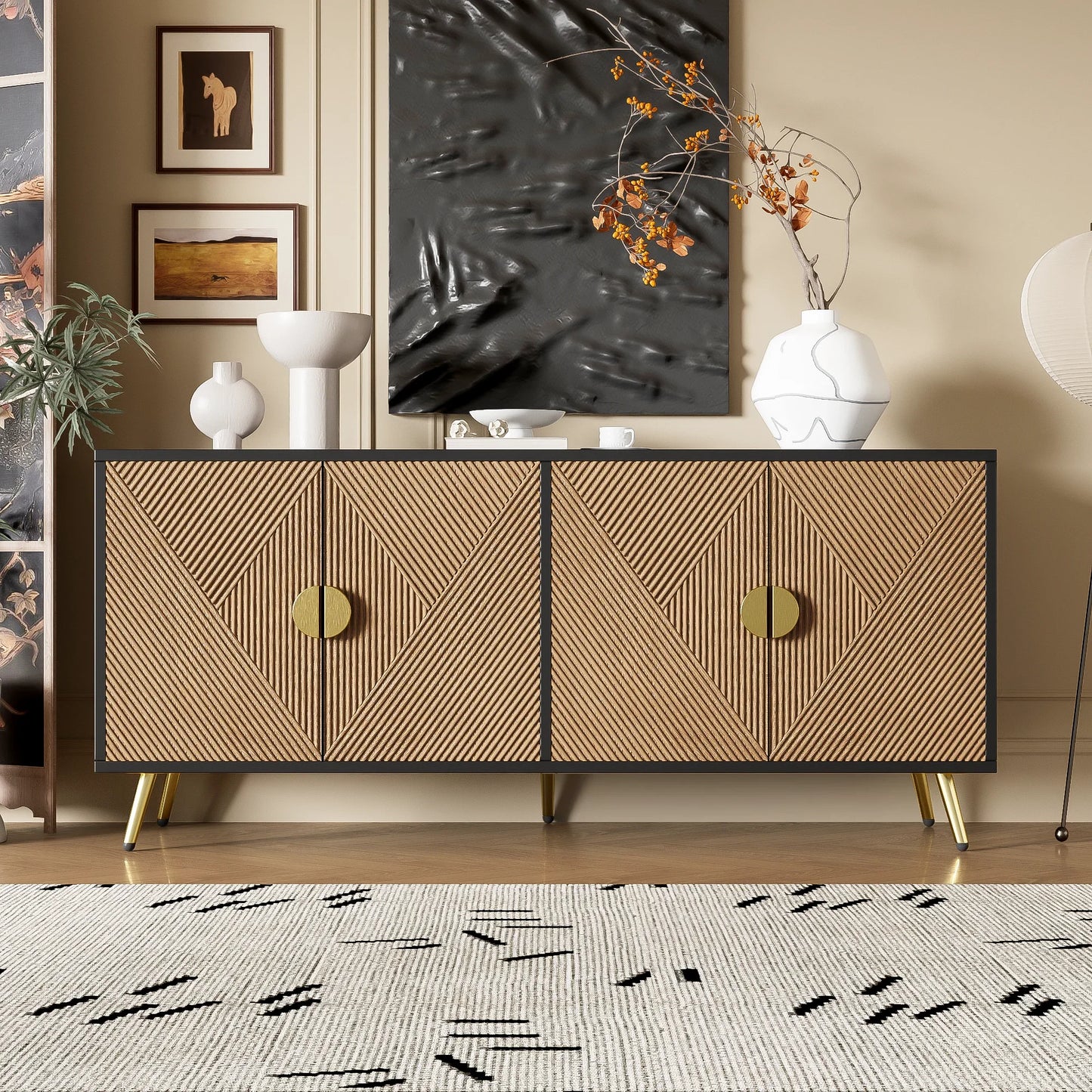 Sideboard 160 cm – Svart & Trä med Guldhandtag och Högglansiga Ben