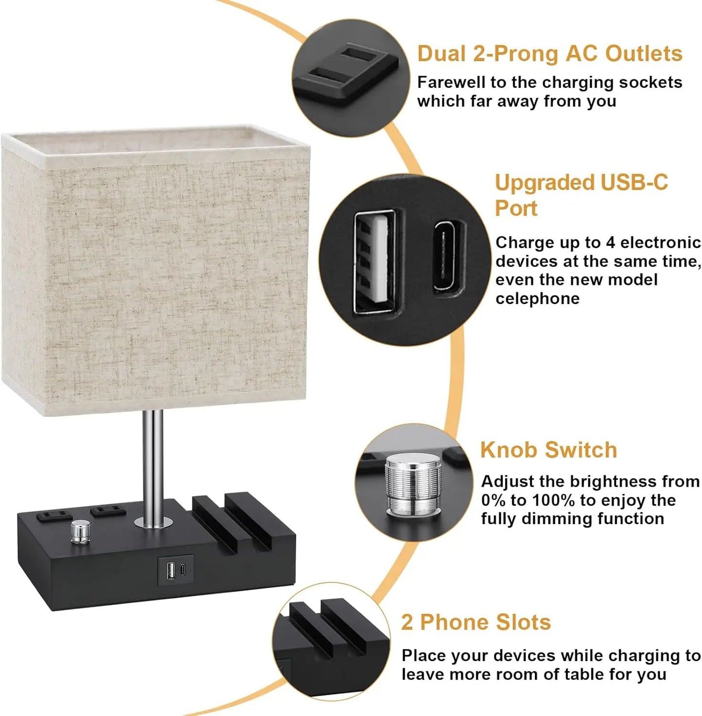 Dimbar Bordslampa med USB & Eluttag – Beige Tygskärm & Telefonhållare