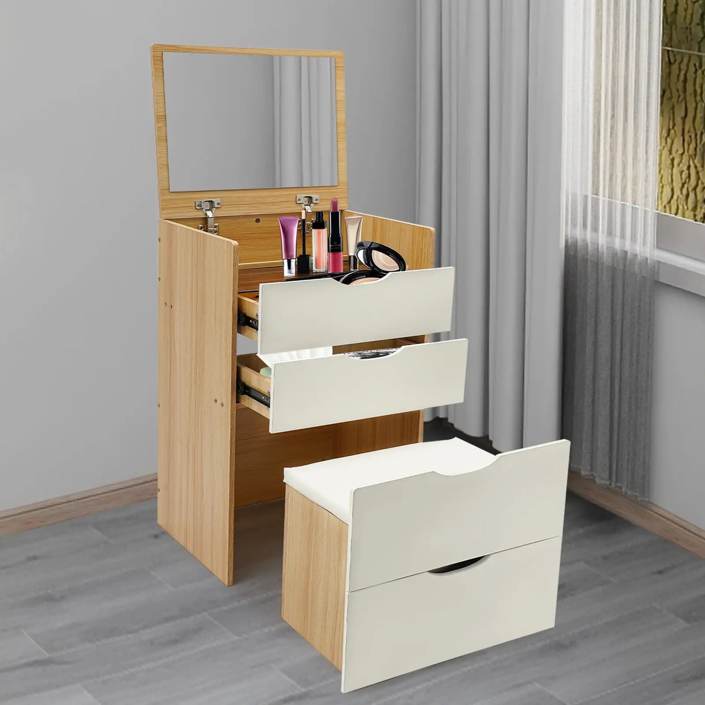 BYMAOCAR Hörnsminkbord med Spegel & Pall – 3 Lådor & Dold Förvaring (40 × 48 × 80 cm)