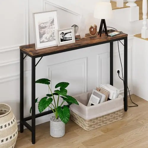 🔌 Smalt Konsolbord med Eluttag & USB – 100×23×80 cm – Vintage Brun/Grå – För Hall & Vardagsrum