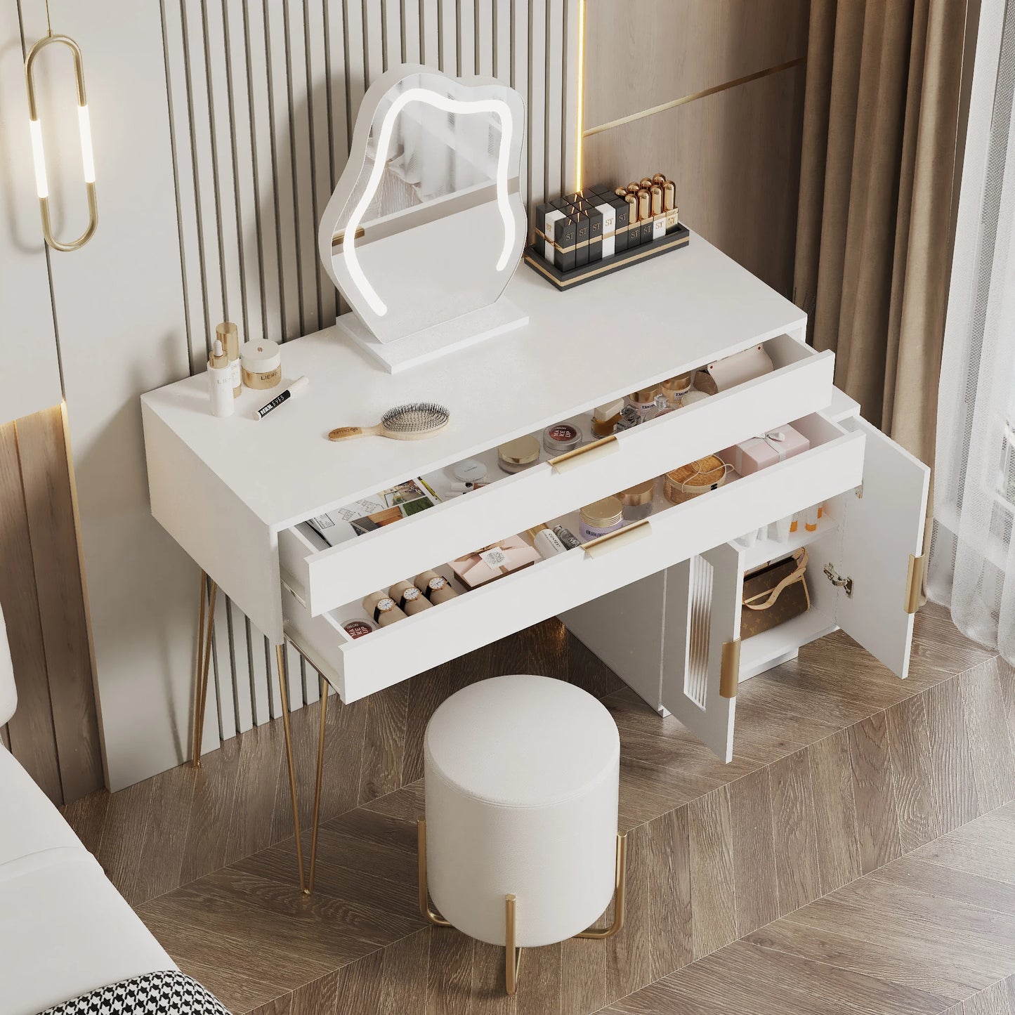Sminkbord med LED-spegel – Modern Vit Design med Utdragbar Funktion