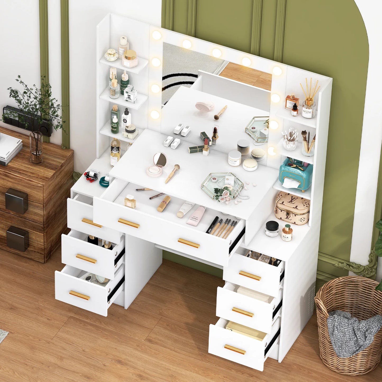 Sminkbord med stor spegel, 11 LED-lampor och 7 lådor – Yamissi/Onesaimei