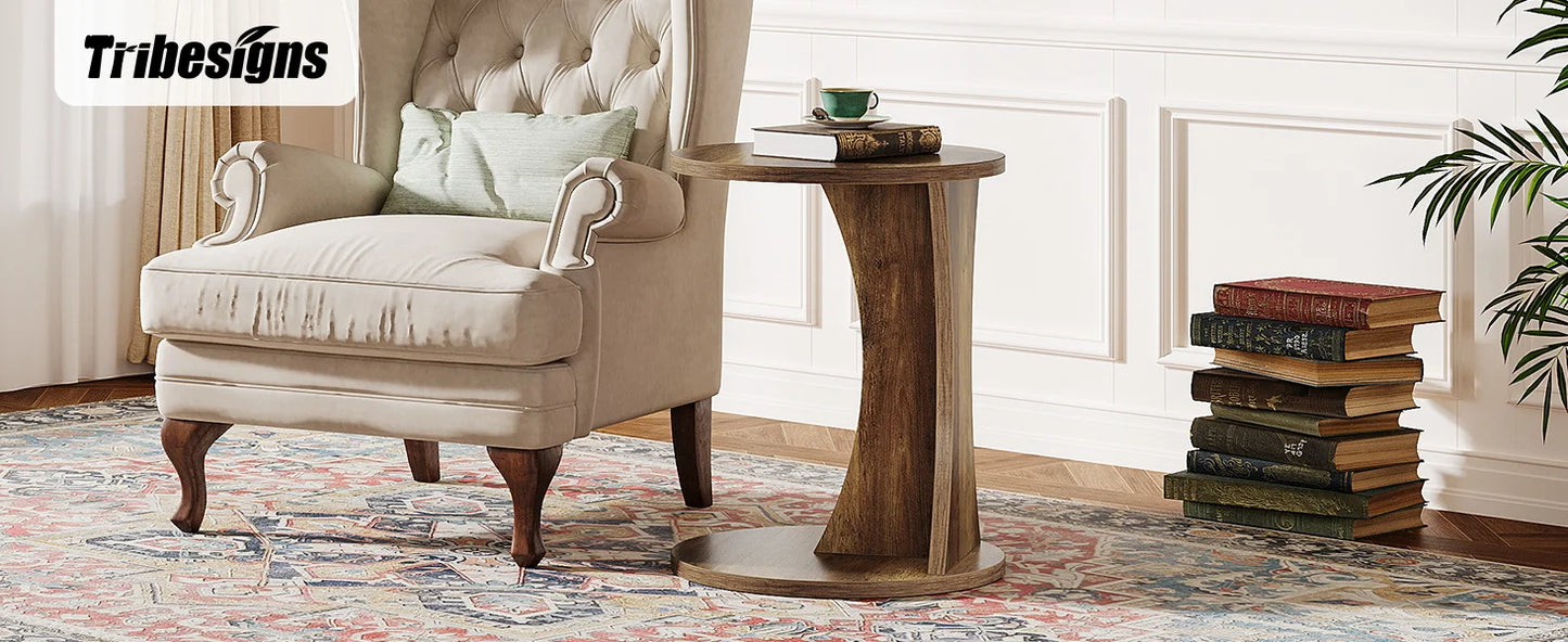 Tribesigns C-formad rund sidobord – 2-nivå rustikt soffbord, 19" med stabil bas