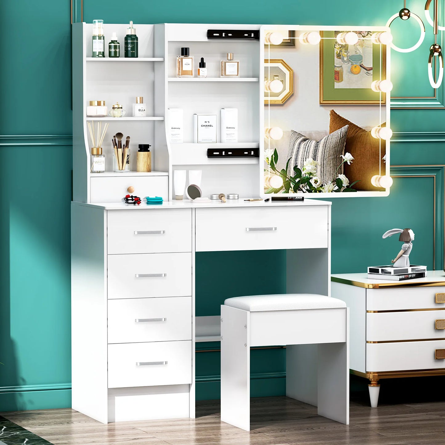 Sminkbord med 10 LED-lampor, skjutbar spegel, 6 lådor och pall – Yamissi/Onesaimei