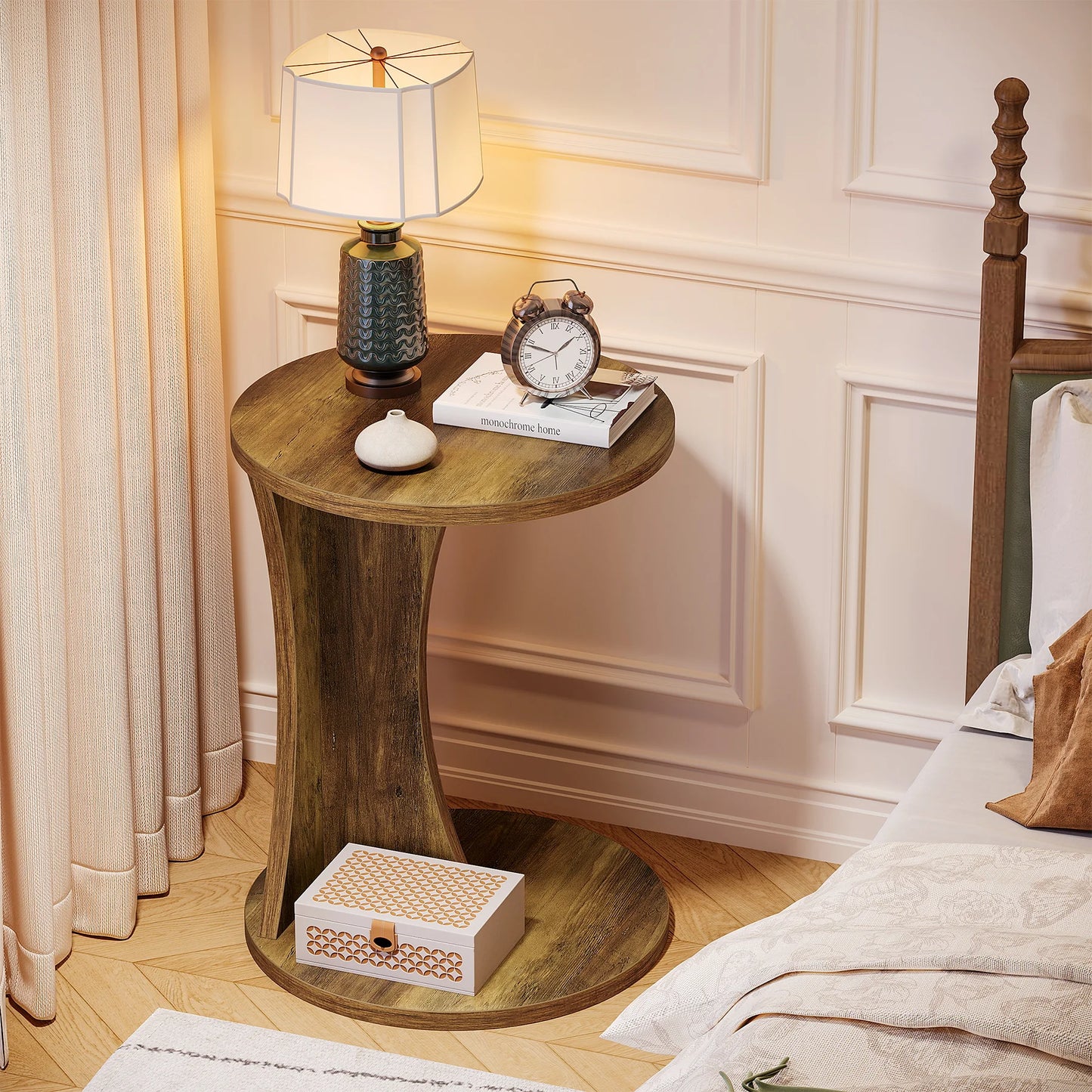 Tribesigns C-formad rund sidobord – 2-nivå rustikt soffbord, 19" med stabil bas