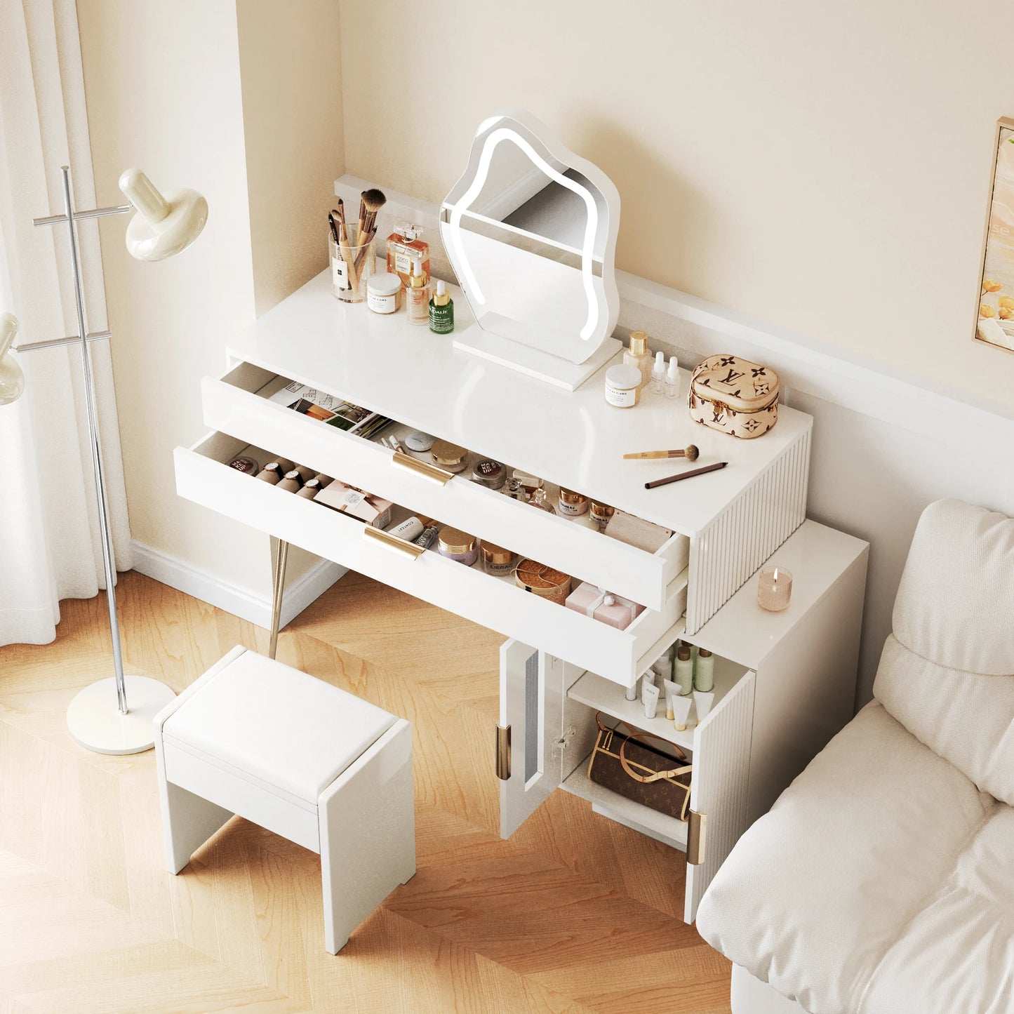 Sminkbord med LED-spegel – Modern Vit Design med Utdragbar Funktion