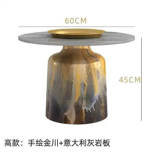 soffbord i marmorsten, fransk rund låg sidobord – nordisk uppsättning för vardagsrumsdekoration