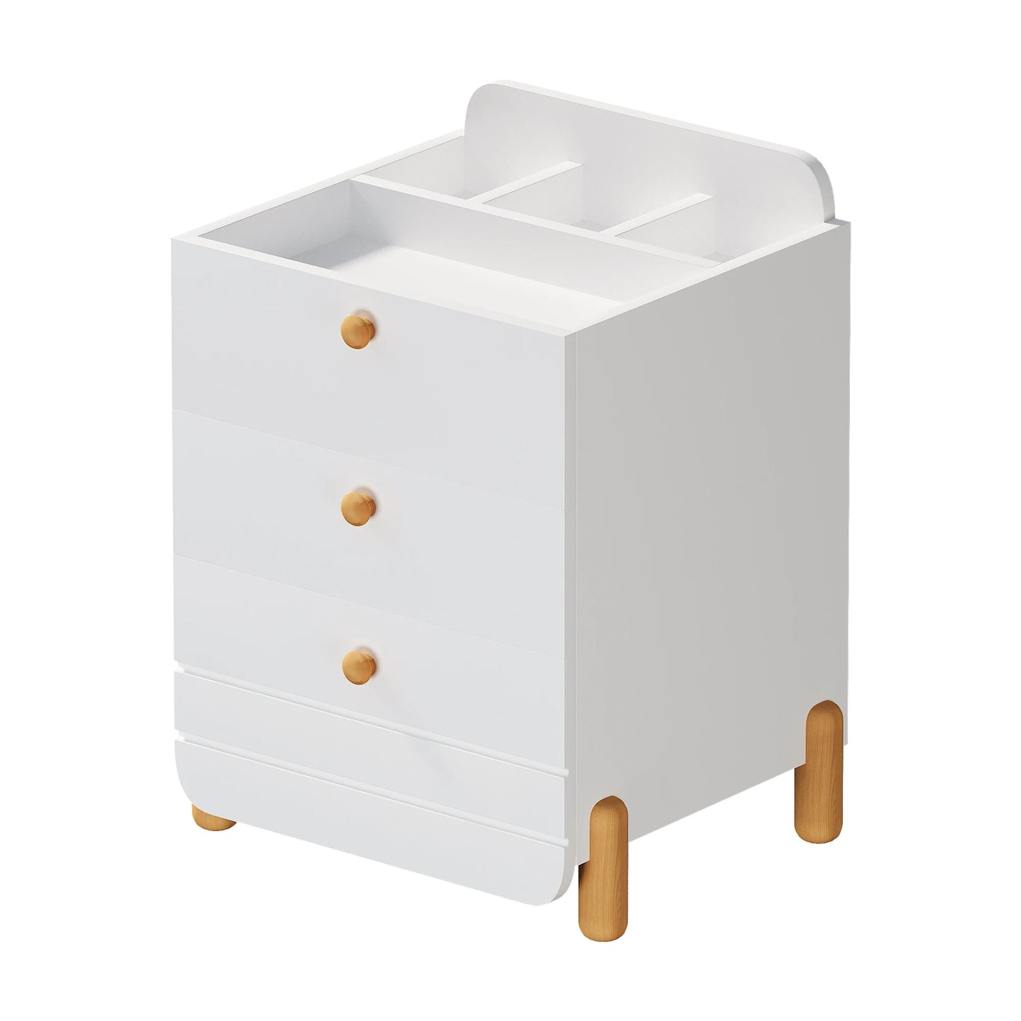Sängbord med 3 lådor och hyllor – Tyst låddesign, eleganta träfärgade ben, vitt