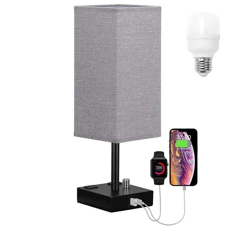 2-pack Dimbara Bordslampor med USB-C + USB-A & Eluttag – Grå Tygskärm
