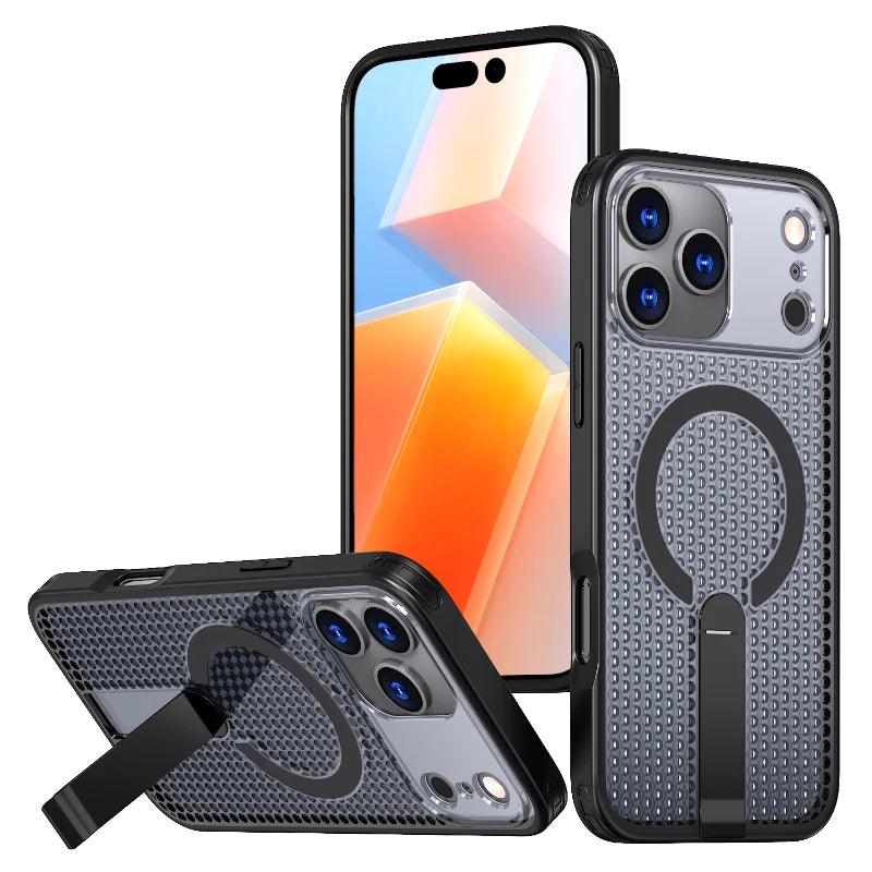 Magnetiskt Lyxskal med Stativ – För iPhone 17 Pro Max / Air – Magsafe-kompatibelt & Värmeavledande