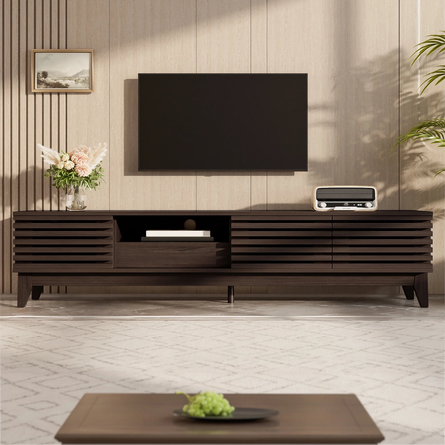 TV-bänk med låda och tre dörrar – Vintage träfinish