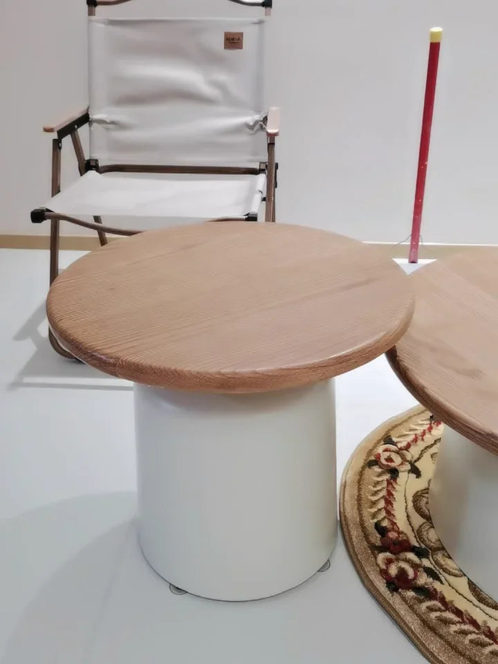 Nordisk Rund Soffbordssats – Modern Design i Trä & Vit Metall