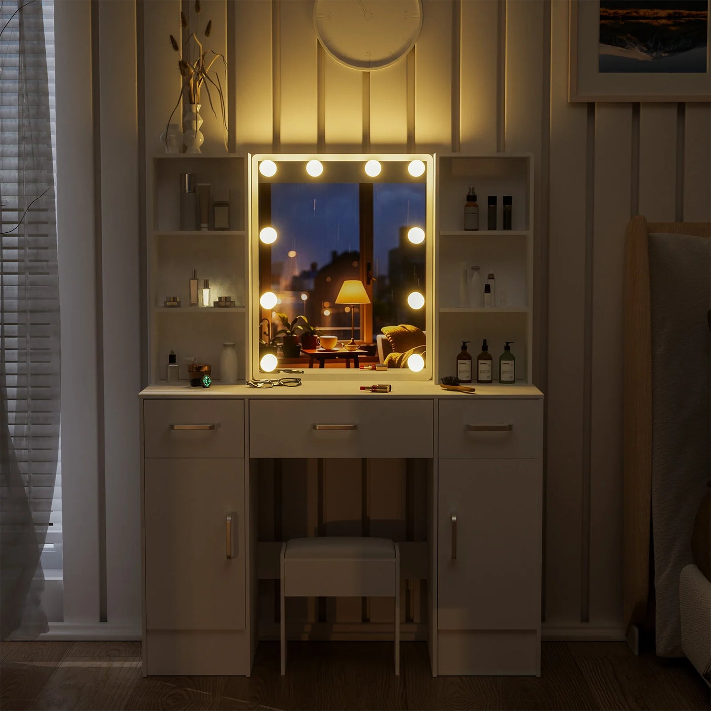 Sminkbord med LED-spegel, 3 lådor och förvaringsskåp – Yamissi/Onesaimei