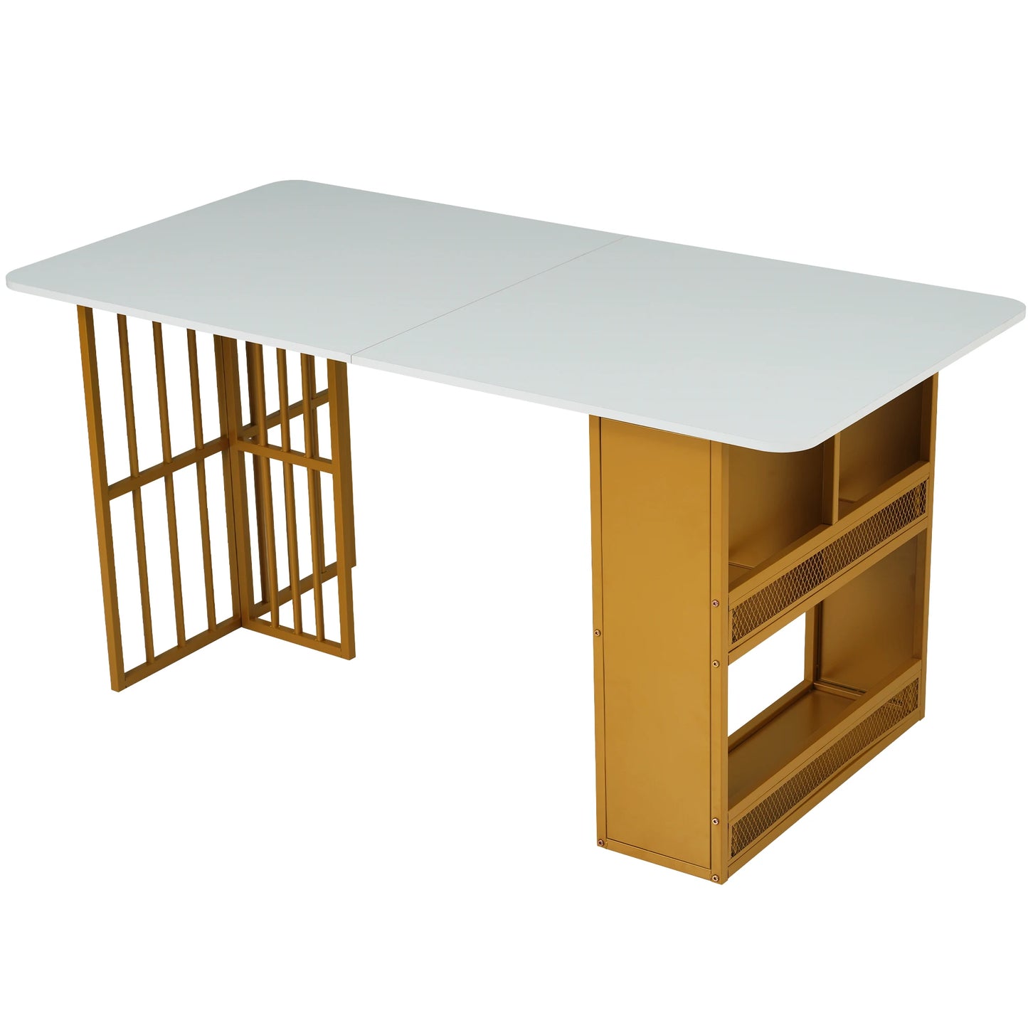 Modernt vitt matbord med gulddetaljer och förvaring – 6 stolar