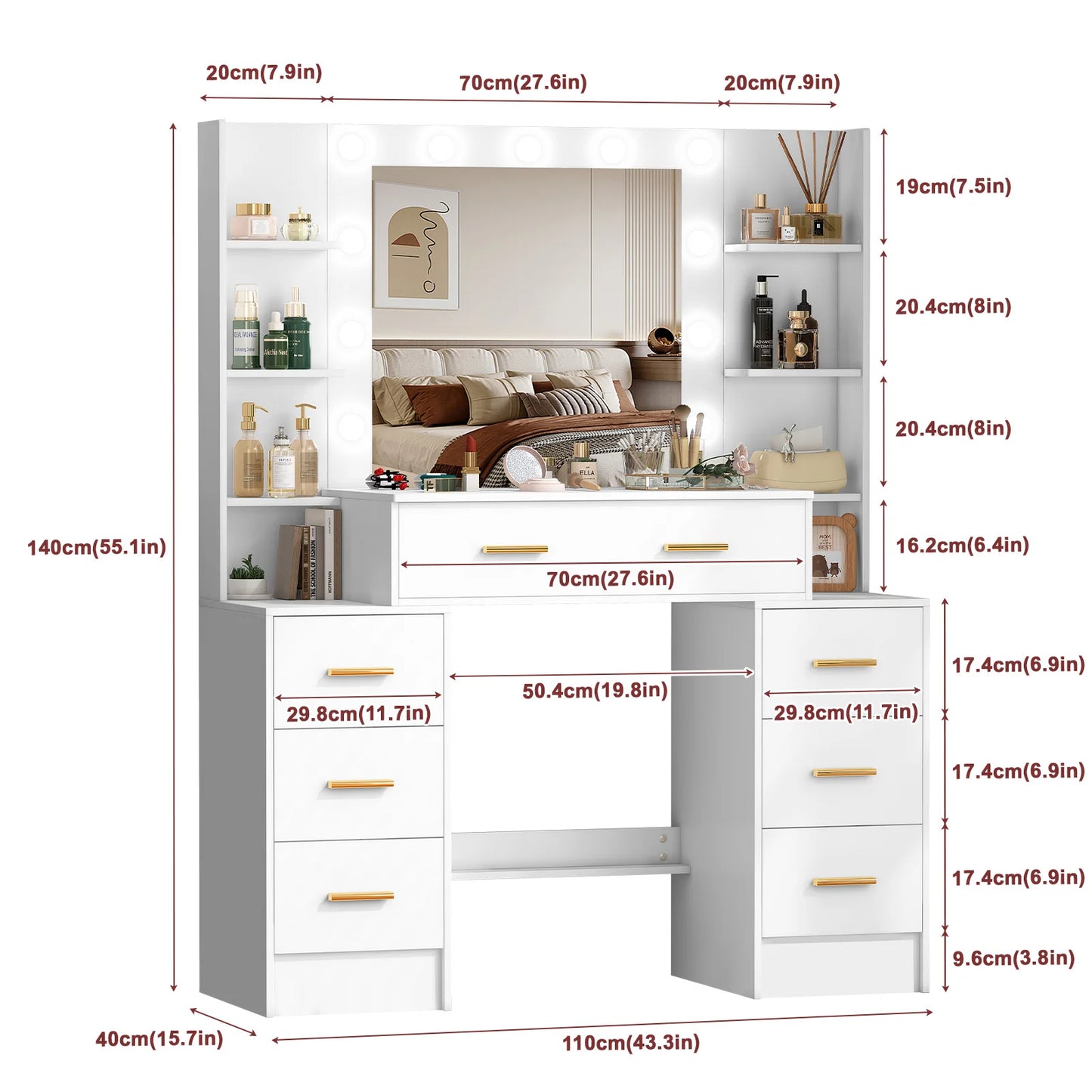 Sminkbord med stor spegel, 11 LED-lampor och 7 lådor – Yamissi/Onesaimei