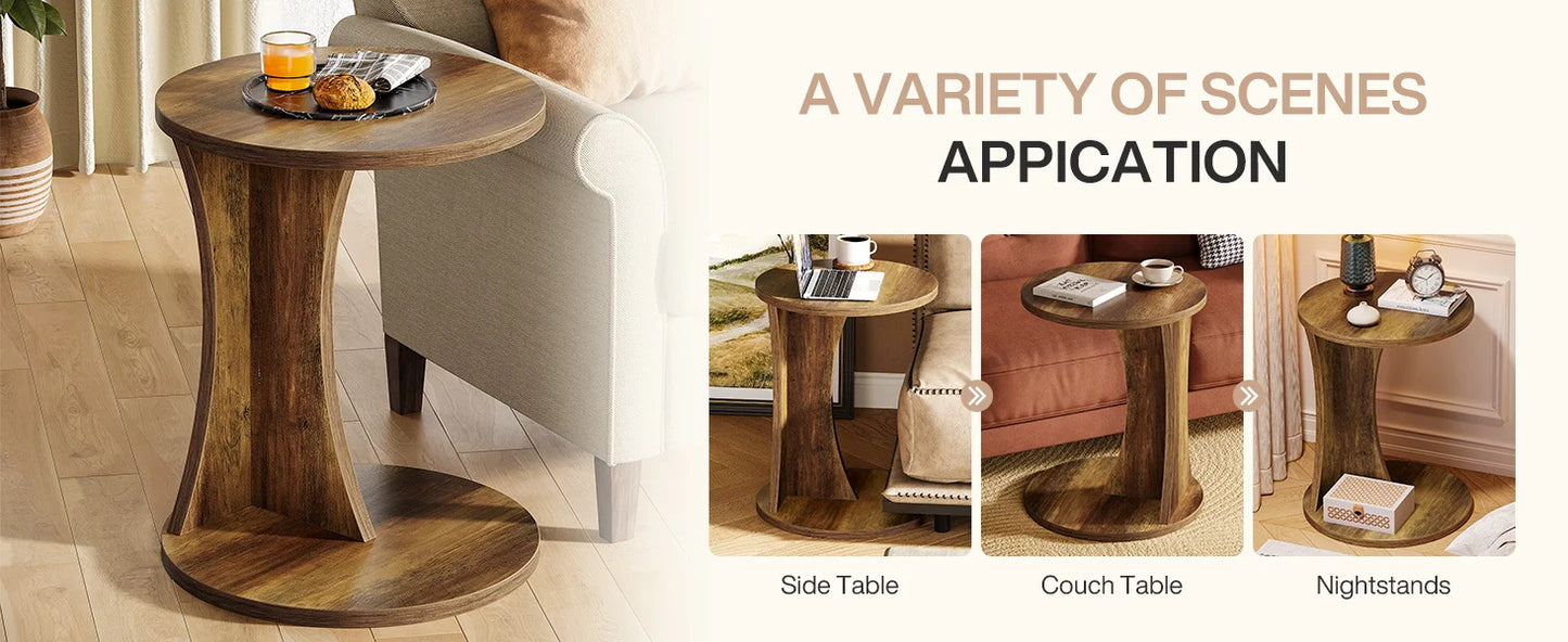 Tribesigns C-formad rund sidobord – 2-nivå rustikt soffbord, 19" med stabil bas