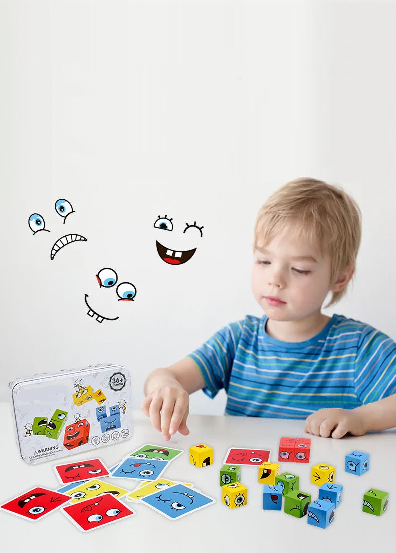 Datgo Träpussel – Ansiktsuttryck & Byggklossar – Montessori Spel för Barn