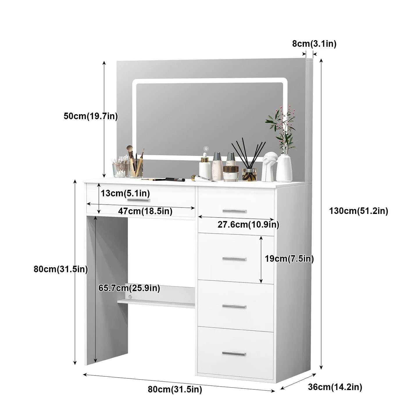 Sminkbord med LED-lampor, spegel och lådor – Vit