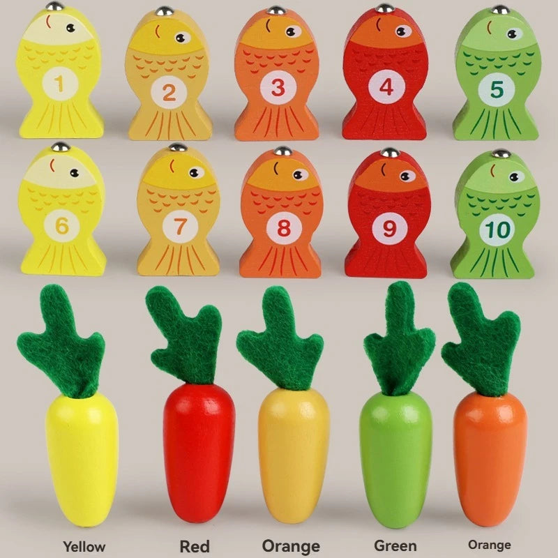 Multifunktionell Montessori-fiskeleksak med morotsskörd och matningsspel