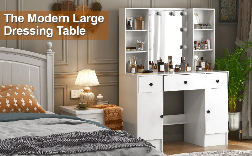 Sminkbord med LED-spegel, 3 lådor och förvaringsskåp – Yamissi/Onesaimei