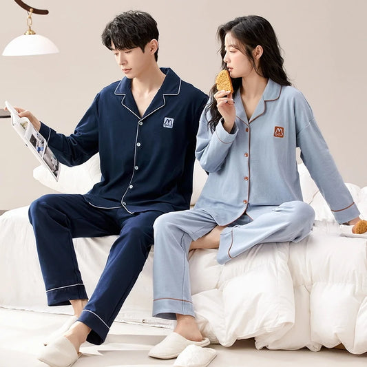 100% Bomull Parpyjamas – Höst/Vinter – Långärmad & Lös Passform – Koreansk Stil