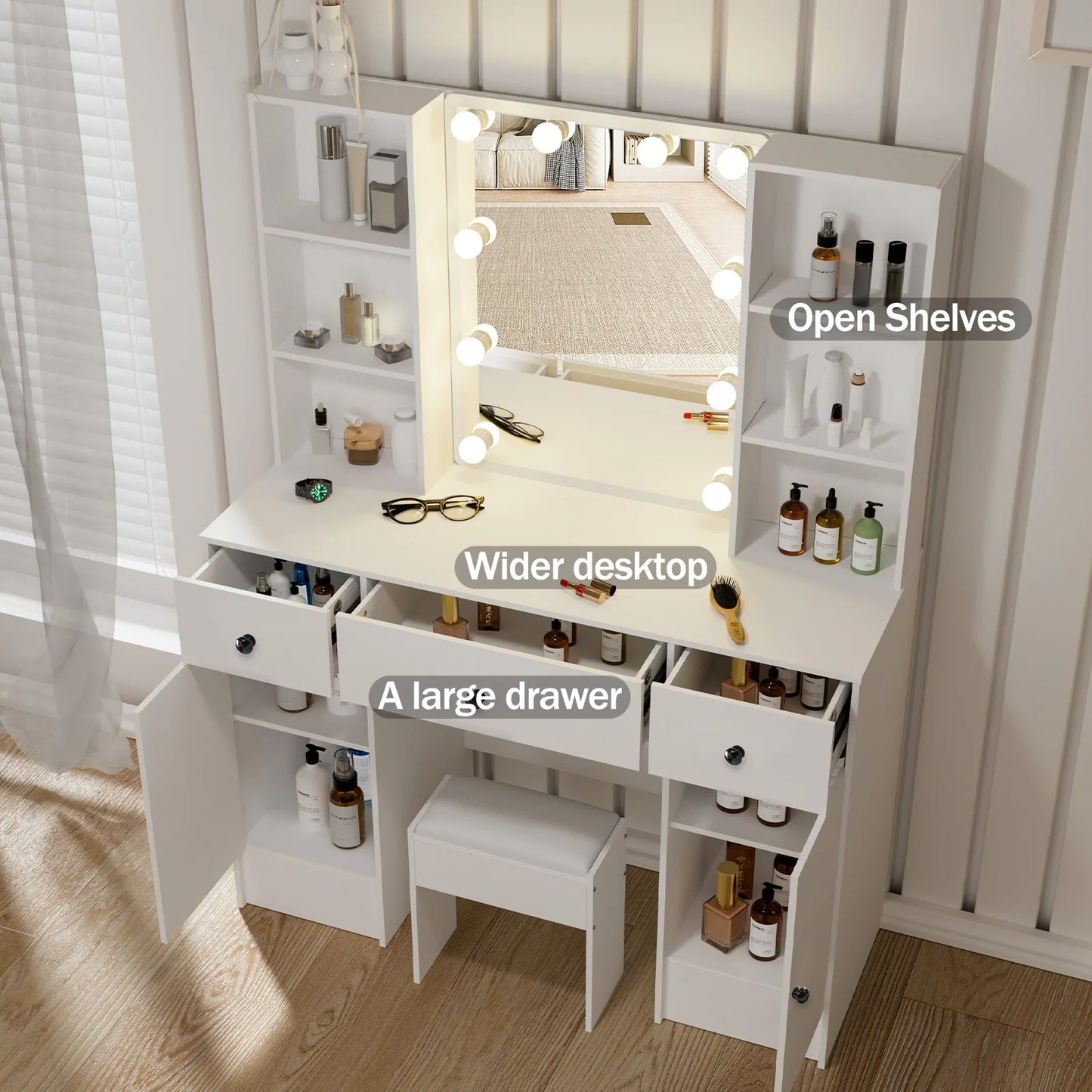 Sminkbord med LED-spegel, 3 lådor och förvaringsskåp – Yamissi/Onesaimei