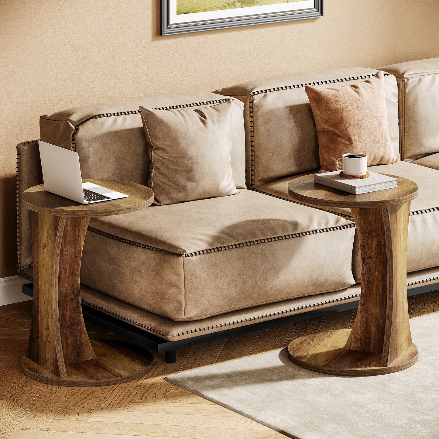 Tribesigns C-formad rund sidobord – 2-nivå rustikt soffbord, 19" med stabil bas