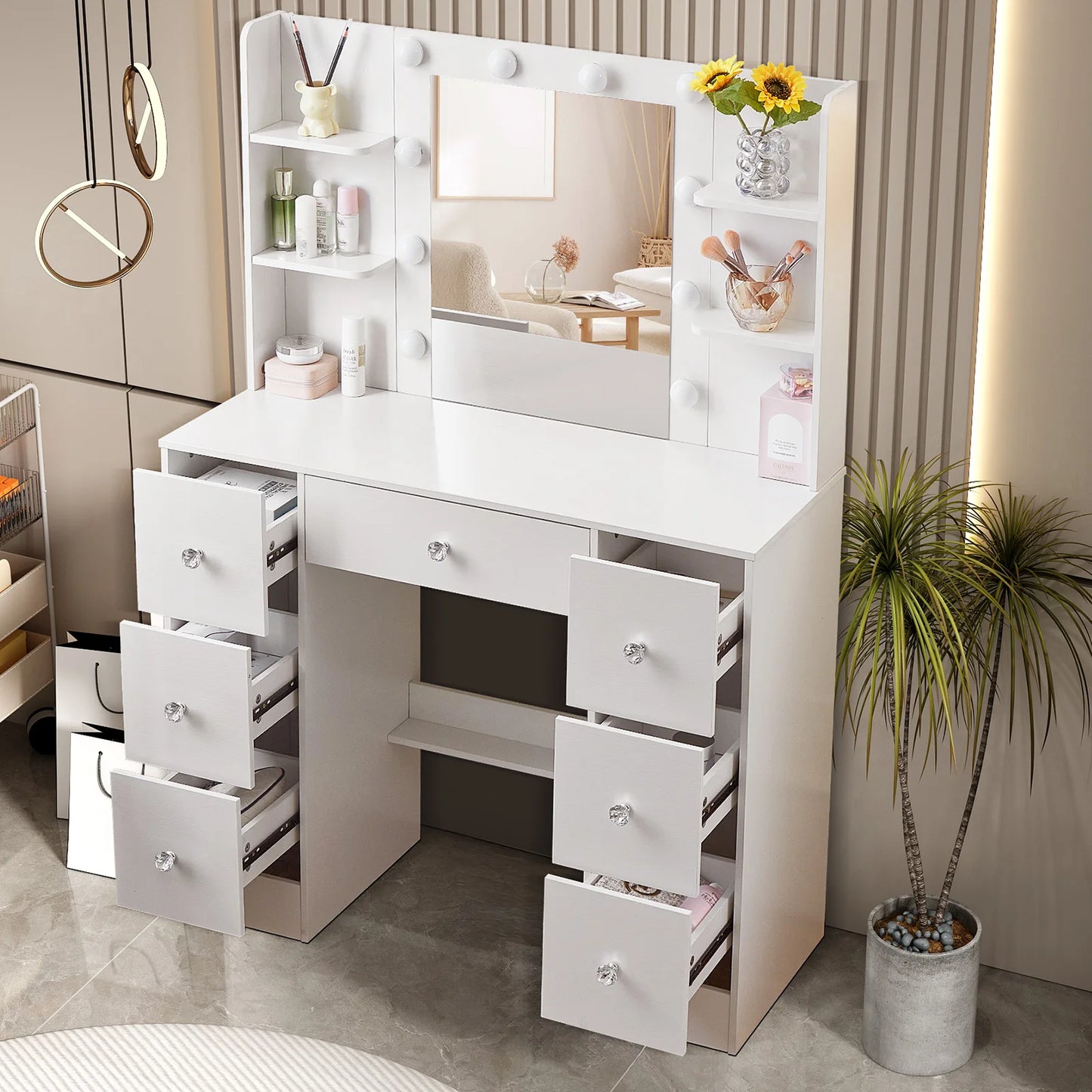 Sminkbord med LED-spegel och 7 lådor – Yamissi/Onesaimei