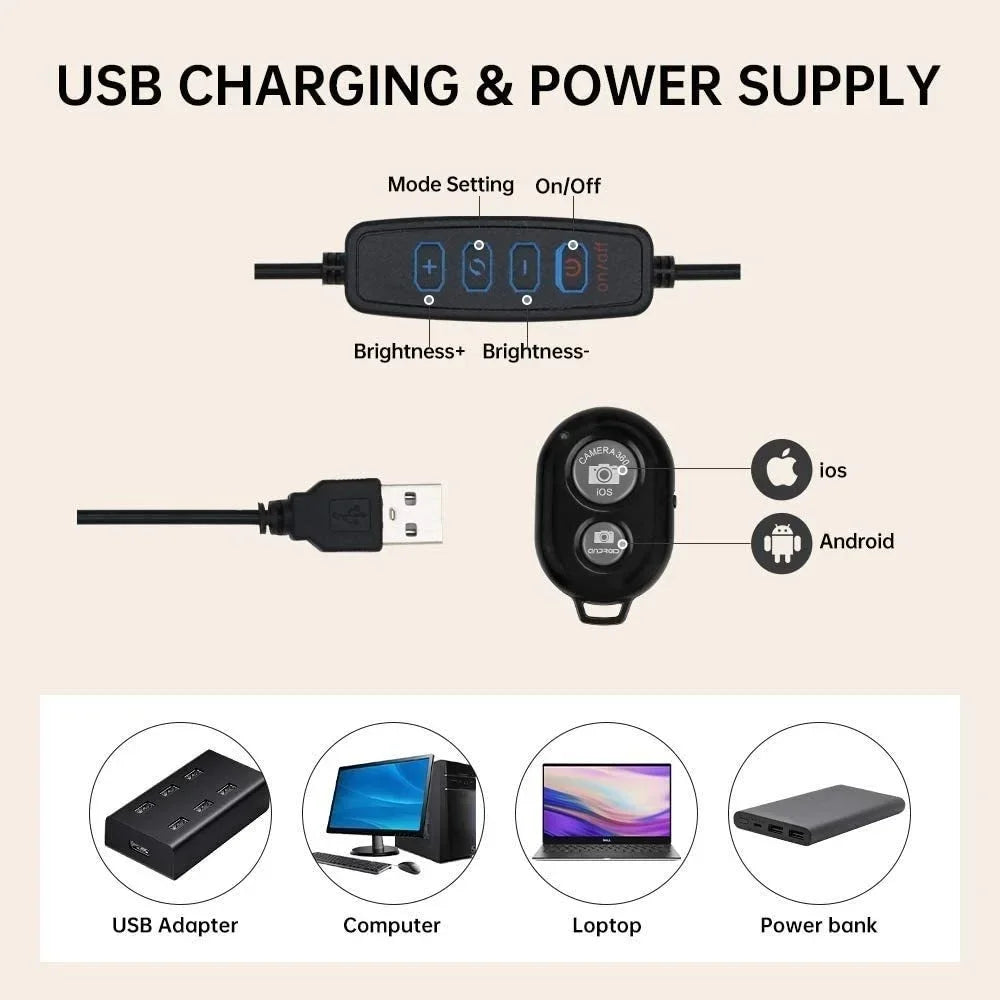 LED Ringljus med Stativ – 16/26/30 cm – USB – 10 Ljuslägen – För Makeup & Video