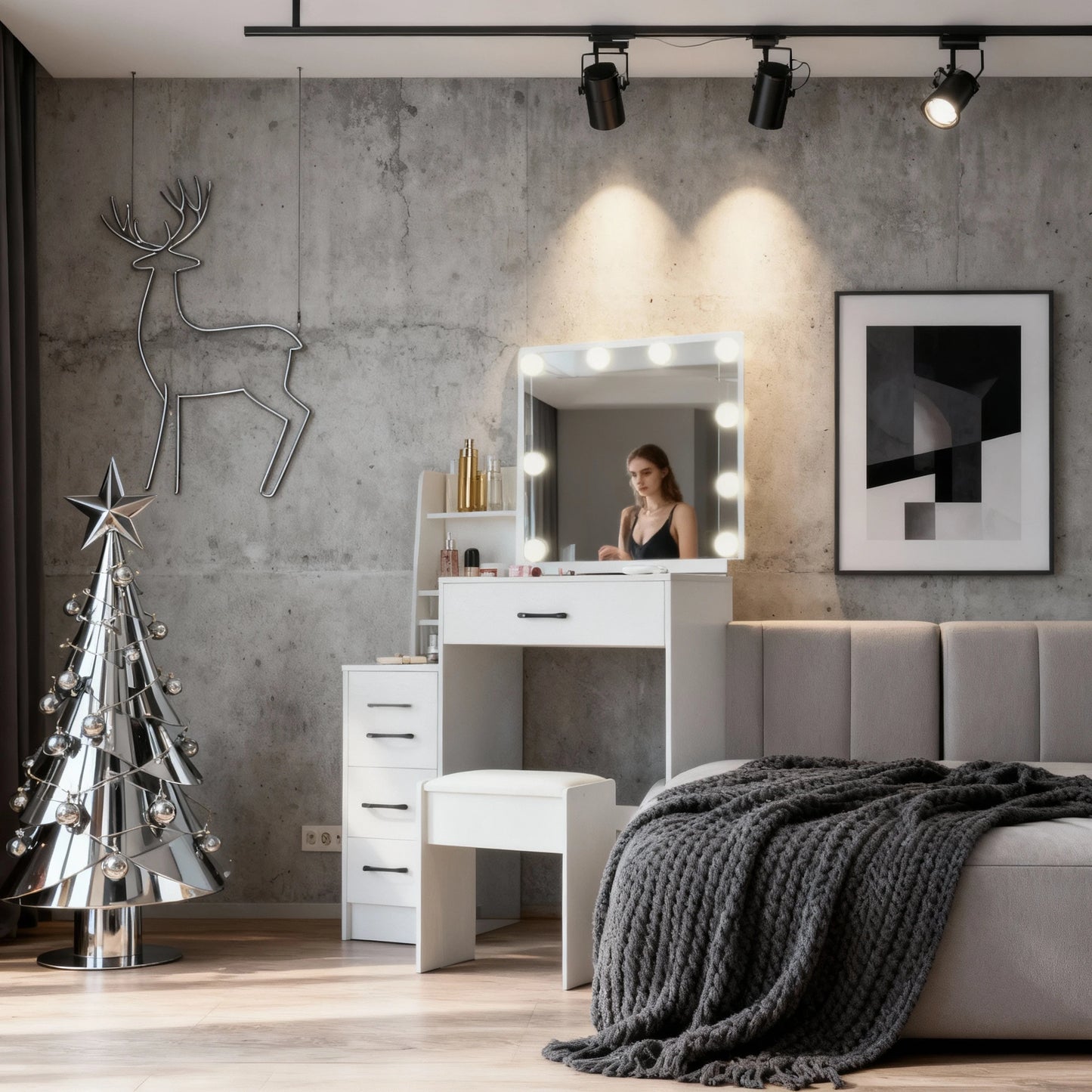 Sminkbord med LED-spegel & Pall – Modern Design med Smart Förvaring (83 × 36 × 139 cm)