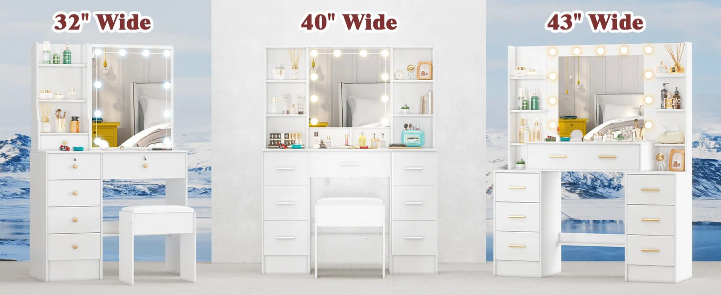 Sminkbord med stor spegel, 11 LED-lampor och 7 lådor – Yamissi/Onesaimei