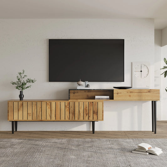 Modern TV-bänk – Marmordesign & Trästruktur med Järnben