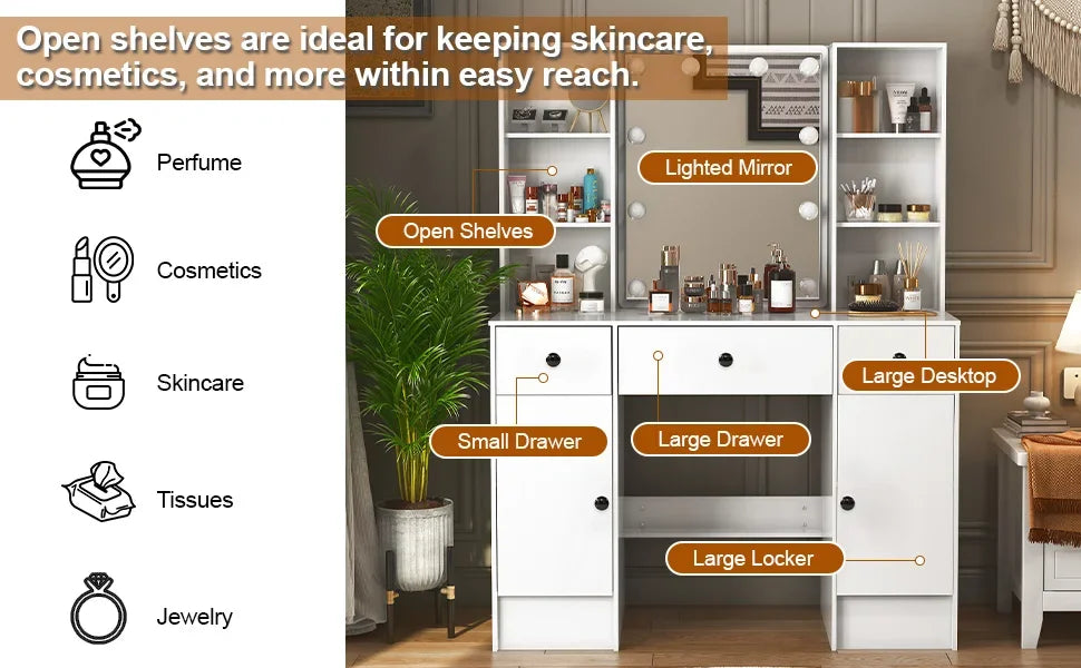 Sminkbord med LED-spegel, 3 lådor och förvaringsskåp – Yamissi/Onesaimei