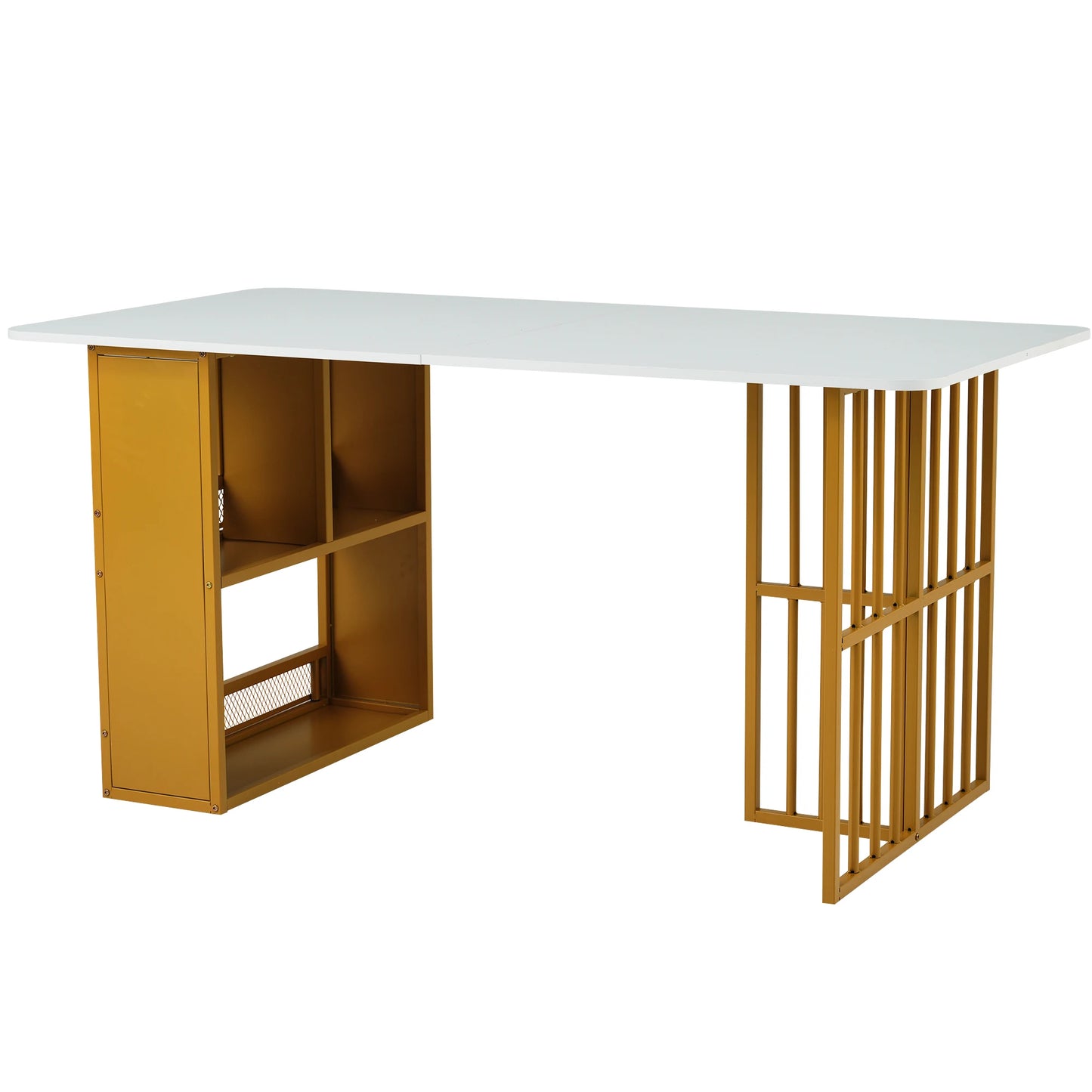 Modernt vitt matbord med gulddetaljer och förvaring – 6 stolar