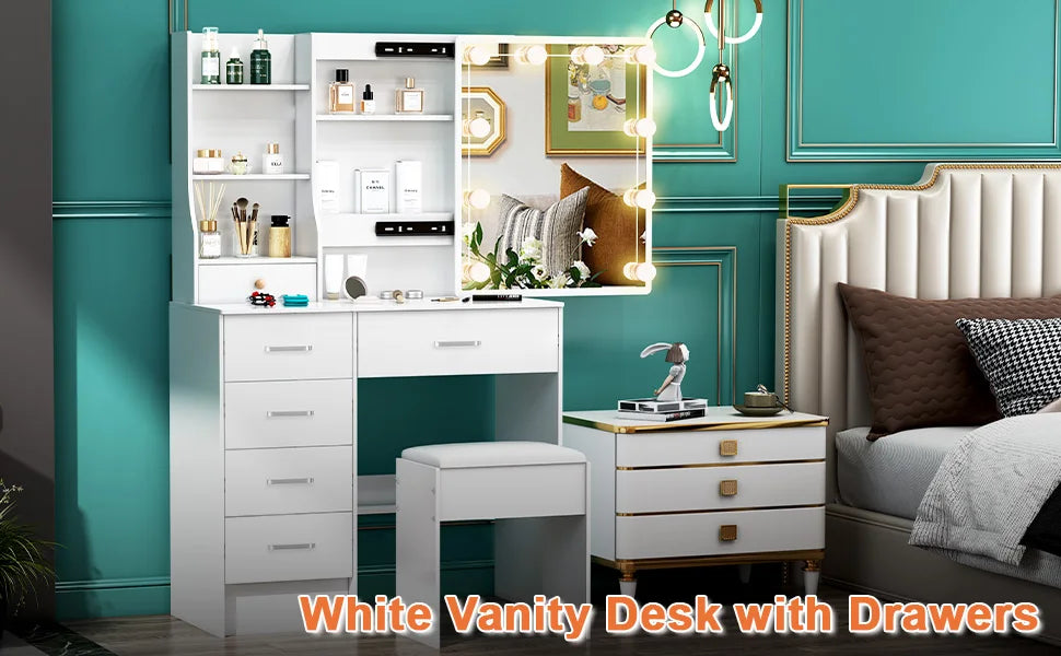 Sminkbord med 10 LED-lampor, skjutbar spegel, 6 lådor och pall – Yamissi/Onesaimei