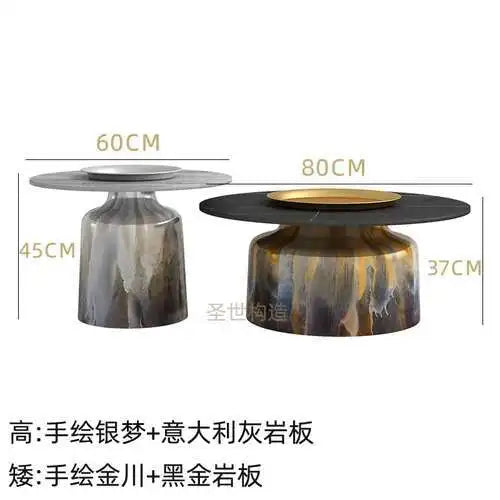soffbord i marmorsten, fransk rund låg sidobord – nordisk uppsättning för vardagsrumsdekoration