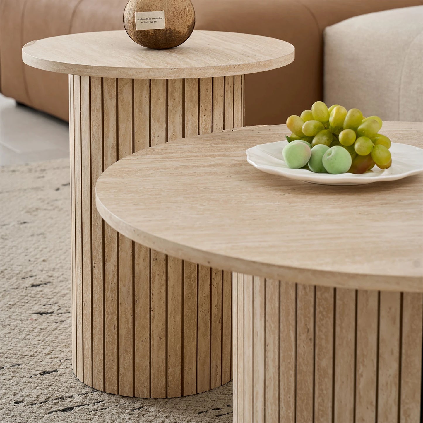 Set med 2 Runda Soffbord i Nordisk Stil – Trälook / Marmormönster