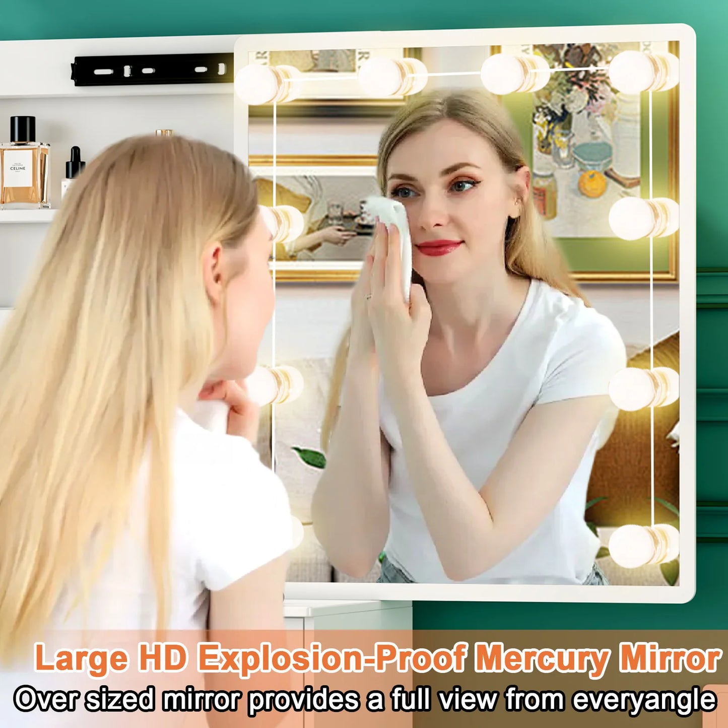 Sminkbord med 10 LED-lampor, skjutbar spegel, 6 lådor och pall – Yamissi/Onesaimei