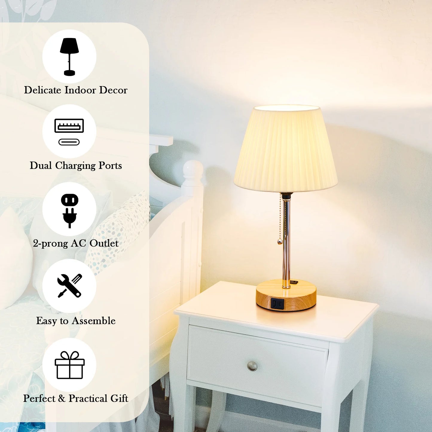 LED Sängbordslampa med USB-C-laddningsport – Modern bordslampa med tygskärm och dragströmbrytare