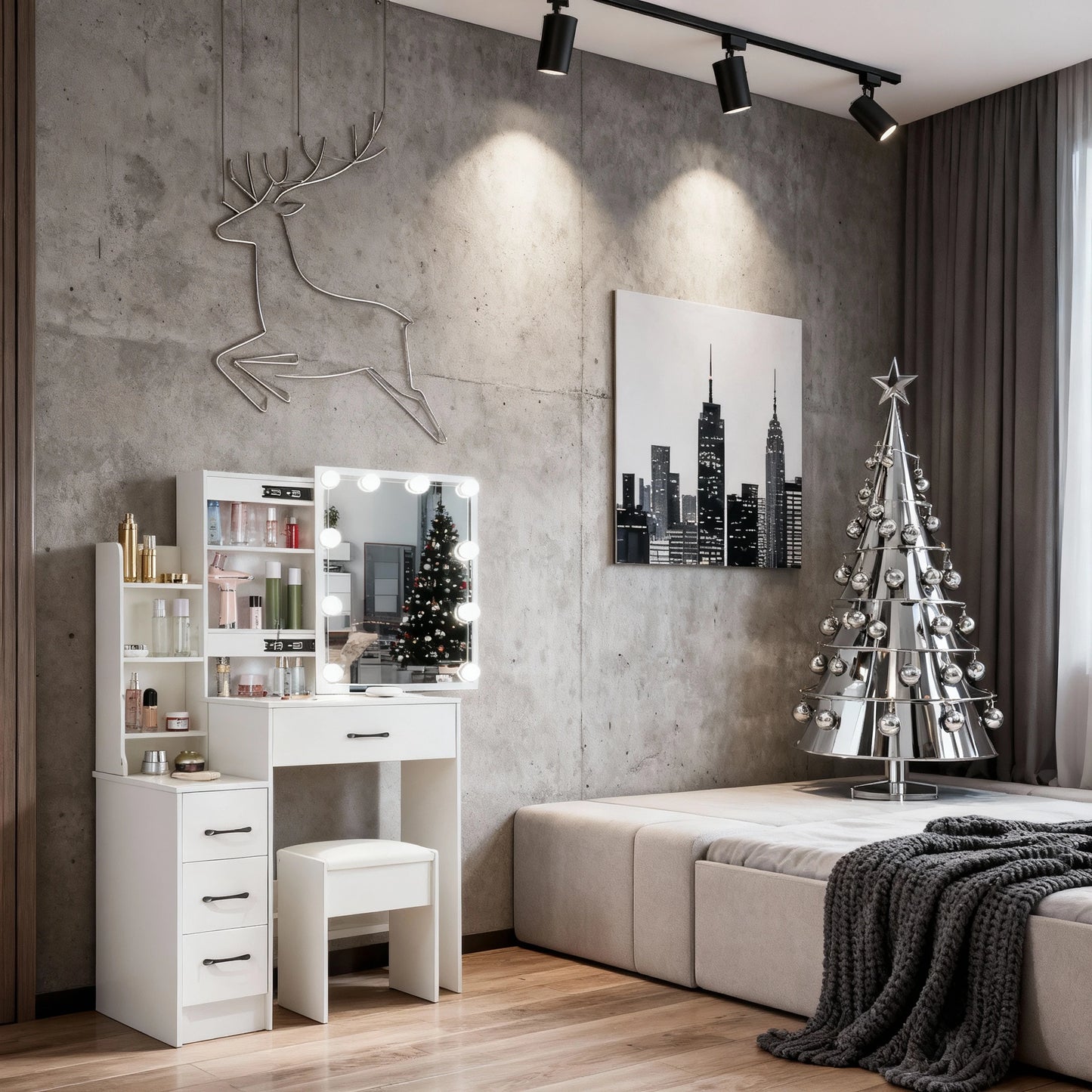 Sminkbord med LED-spegel & Pall – Modern Design med Smart Förvaring (83 × 36 × 139 cm)