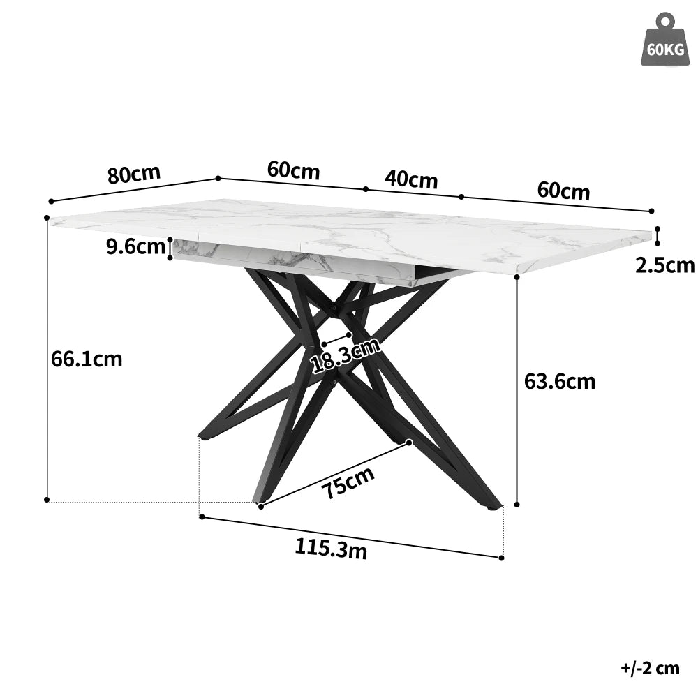 Utdragbart matbord 120–160 × 80 cm – vit marmoreffekt med svarta metallben
