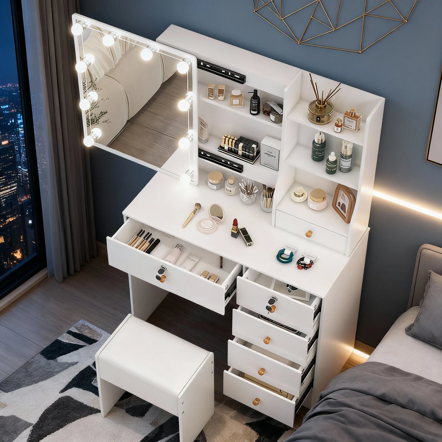 Sminkbord med LED-spegel & Pall – 80 cm med 6 Lådor och Hyllor