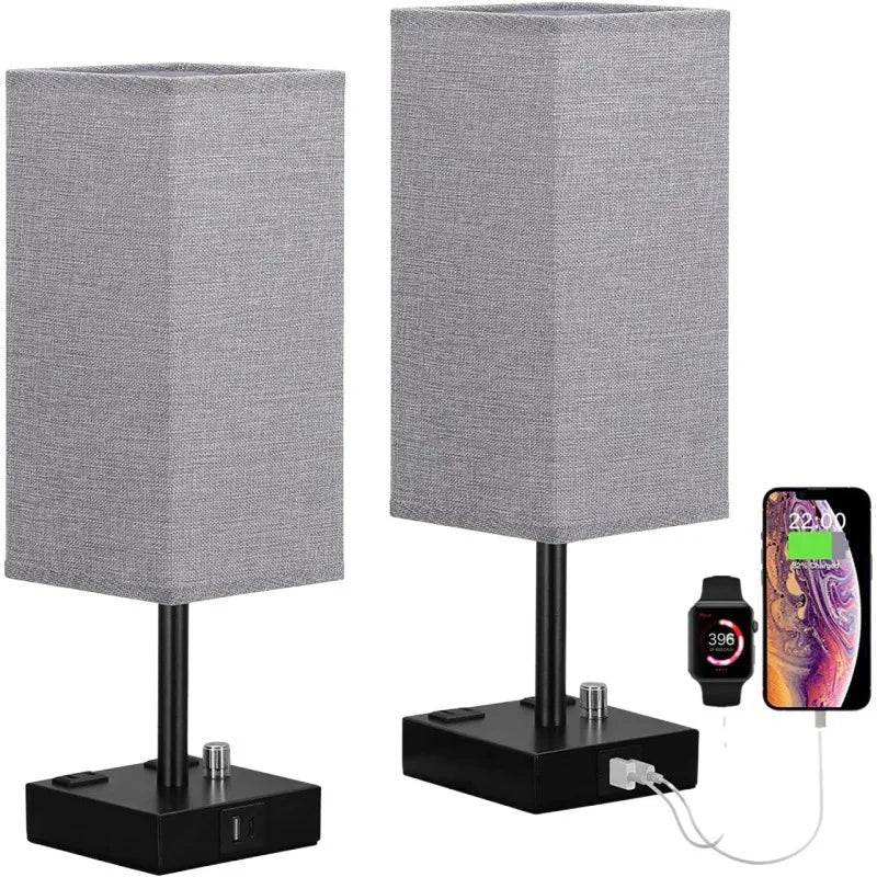 2-pack Dimbara Bordslampor med USB-C + USB-A & Eluttag – Grå Tygskärm
