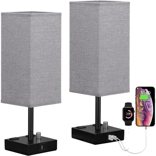 2-pack Dimbara Bordslampor med USB-C + USB-A & Eluttag – Grå Tygskärm