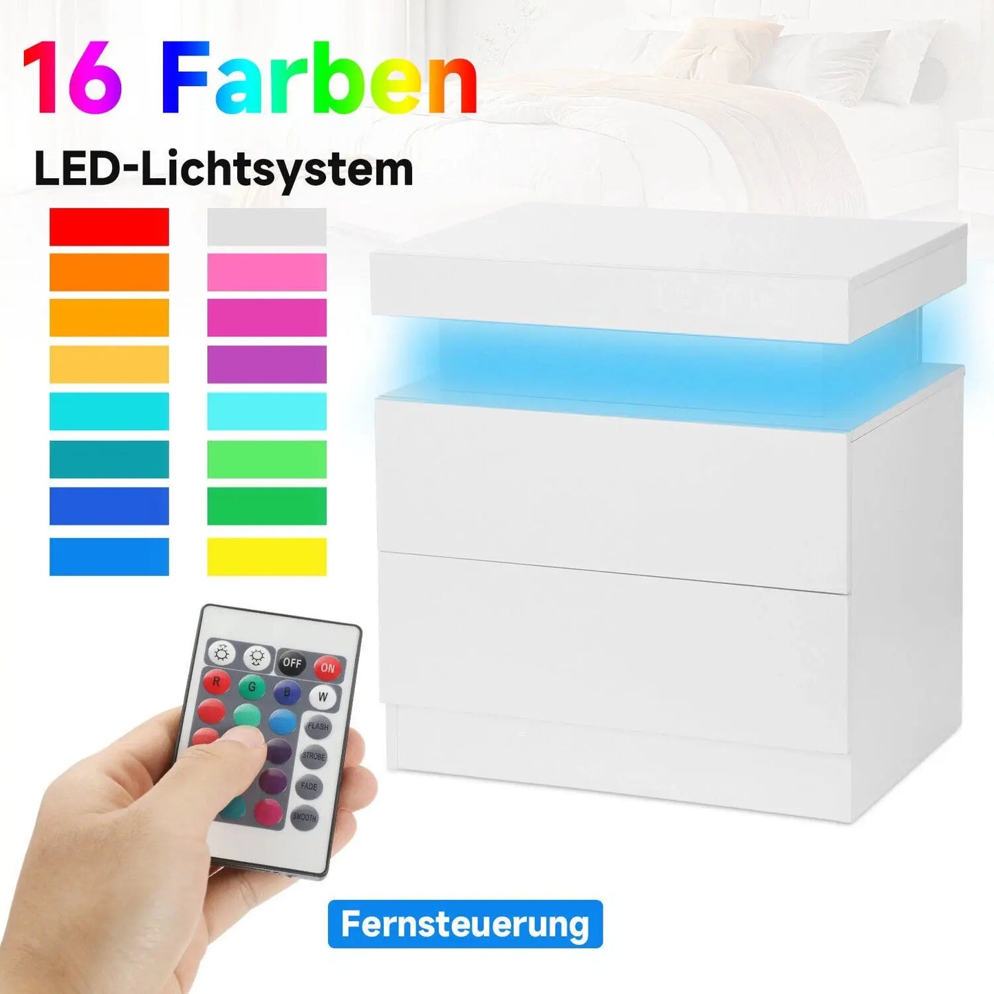 Vitt sängbord med 2 lådor + toppfack – Högglans på alla sidor, RGB LED-belysning, 55 cm