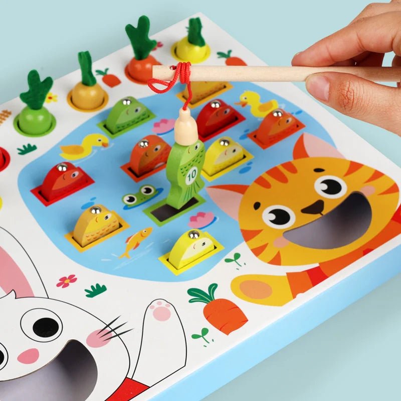 Multifunktionell Montessori-fiskeleksak med morotsskörd och matningsspel